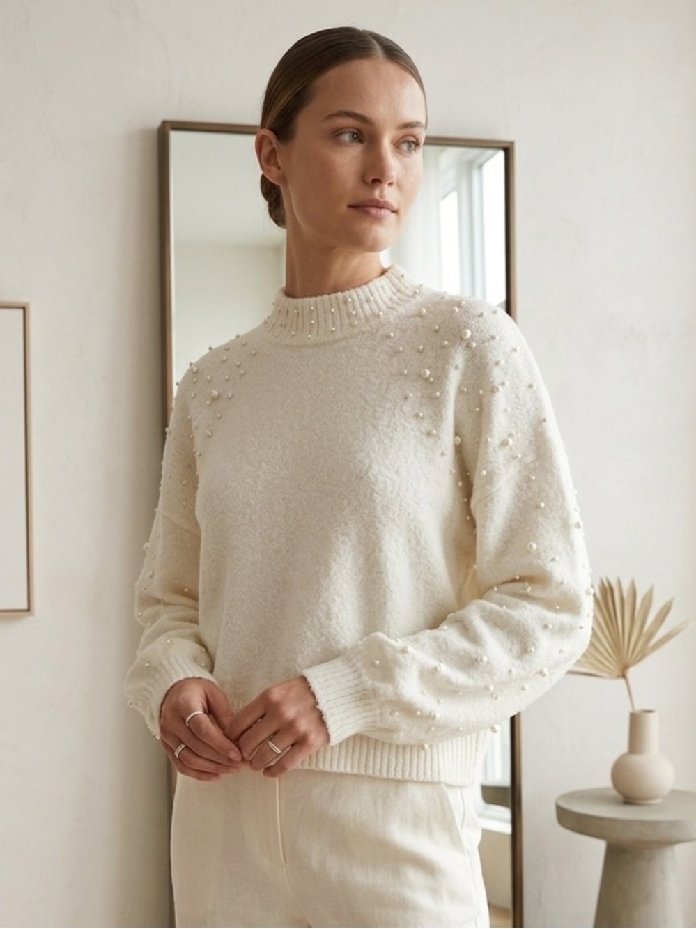Sincerely Jules White Pearl Embellished Glam Sweater Ivory Mock Neck Soft Knit